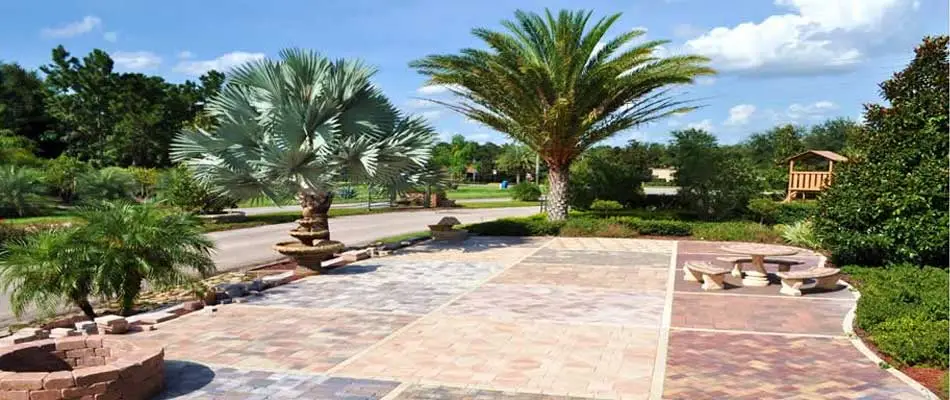Paver patio installation with palm trees and water features in The Villages, FL.