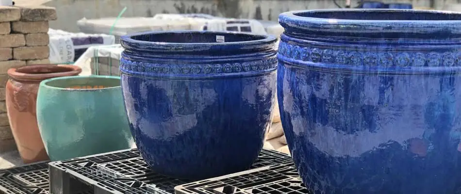 Close up of some of the pottery we sell at our nursery in Orlando, FL.